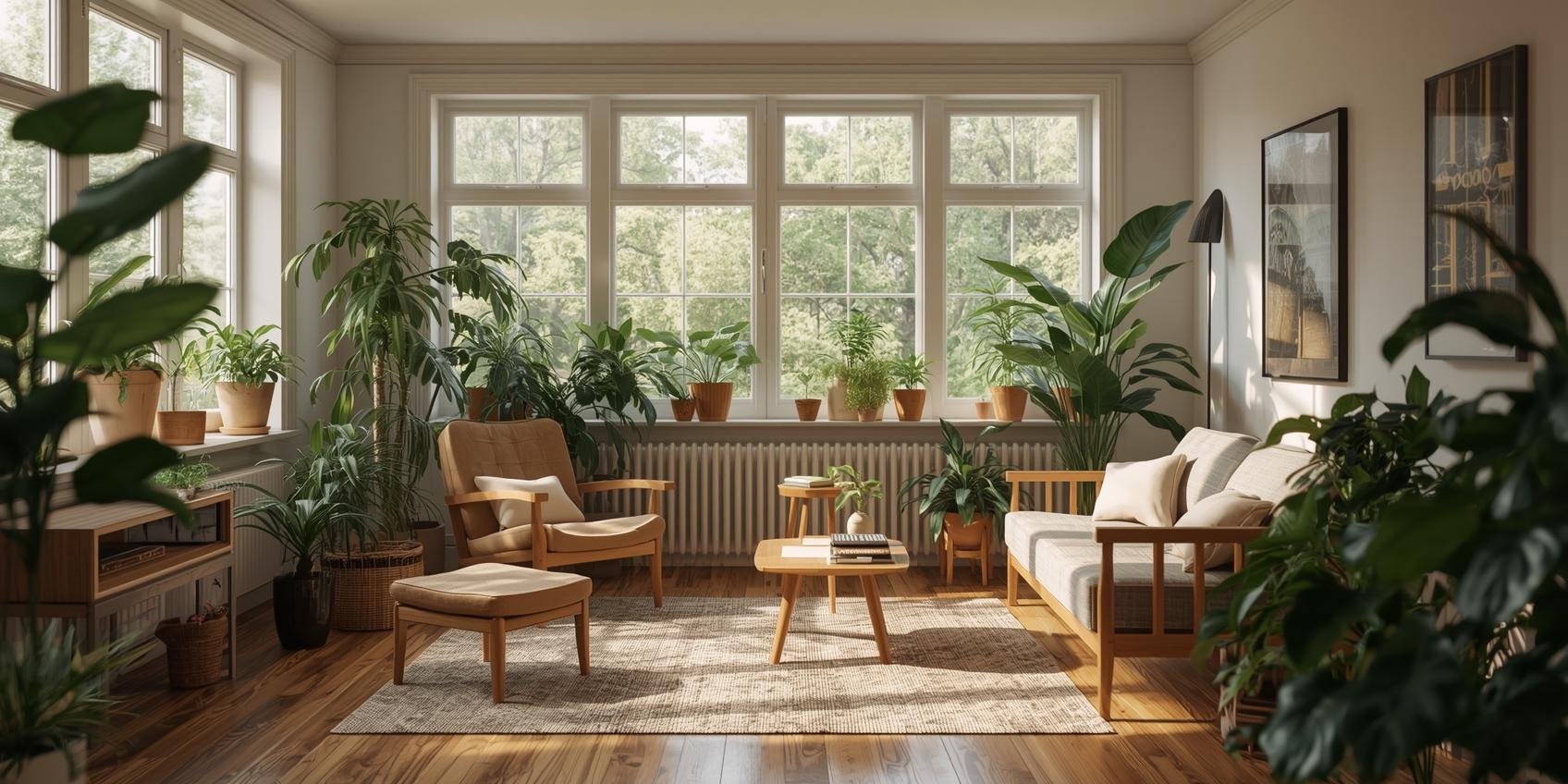 Serene Dutch living space Lichte Nederlandse woonkamer met houten meubels en planten