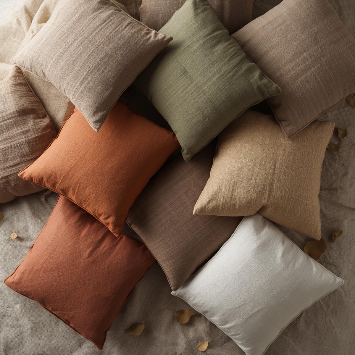 Natural linen throw pillows Natuurlijke linnen sierkussens in gedempte aardse tinten